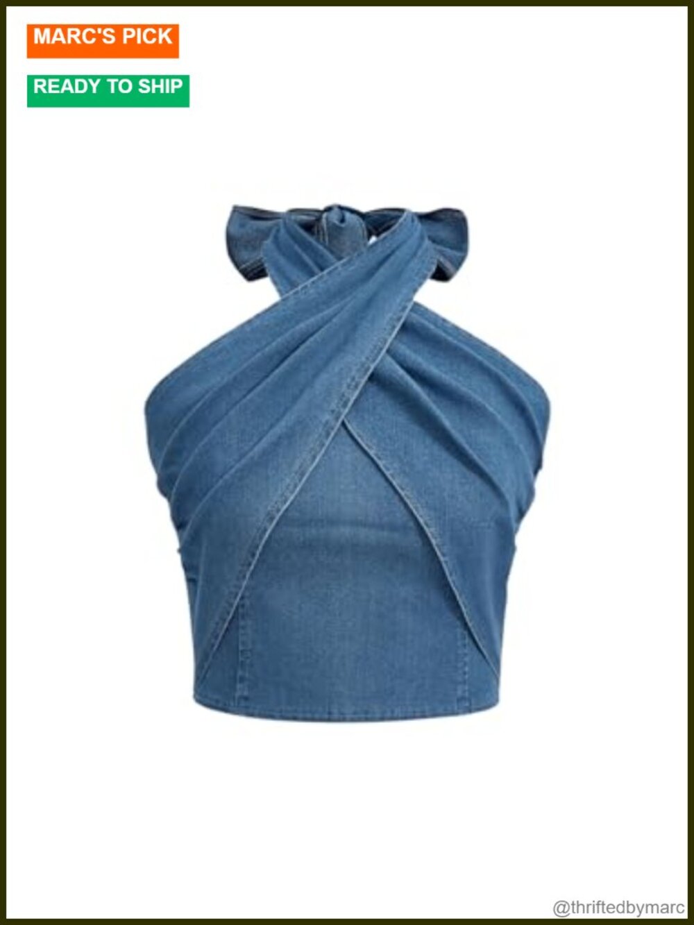 Crisscross Tie Neck Sleeveless Halter Fitted Ruched Denim Tank Top